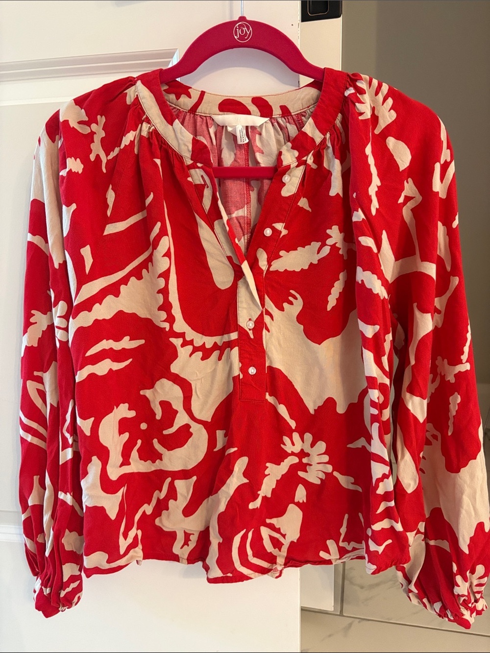 H&M Red and Cream Printed Long-Sleeve Peasant Blouse